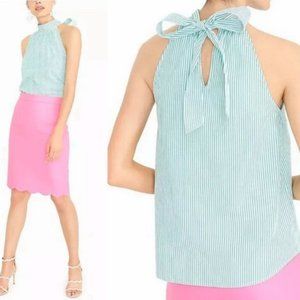 J. Crew Oxford Cotton Tie Neck Top In Green Stripe NWOT